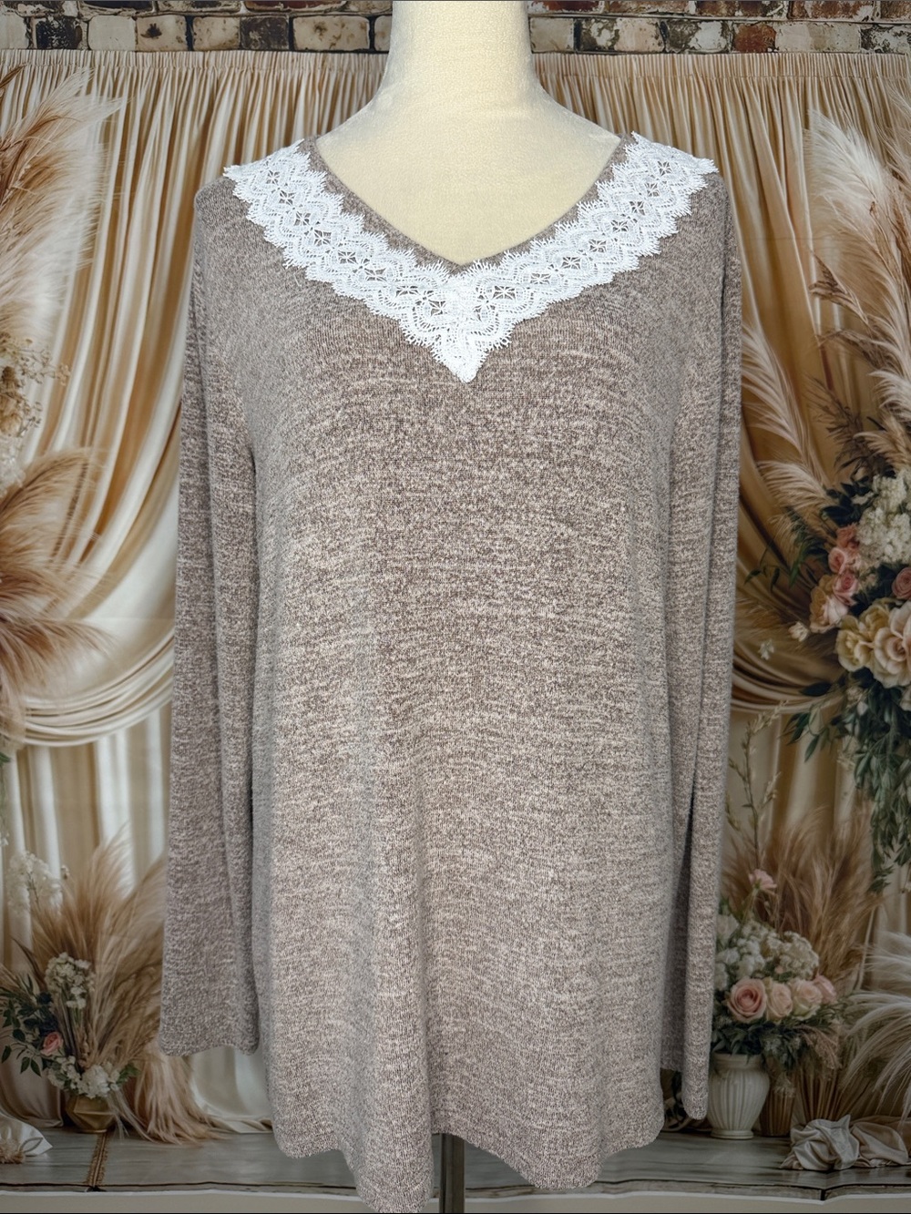 Taupe V-Neck Knit Top with White Lace Accent